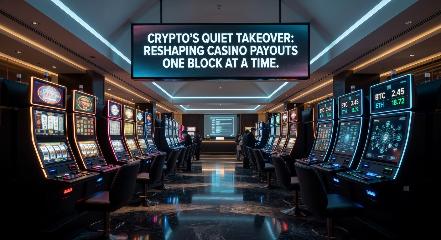 Grafik zeigt Vergleich von Krypto- vs. traditionellen Auszahlungszeiten in Casinos mit Blockchain-Animation