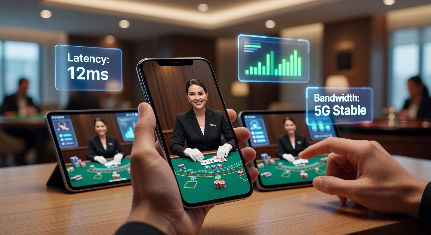 Live-Dealer am Blackjack-Tisch mit Multi-Screen-Setup, Streams fließen nahtlos auf Tablet und Smartphone